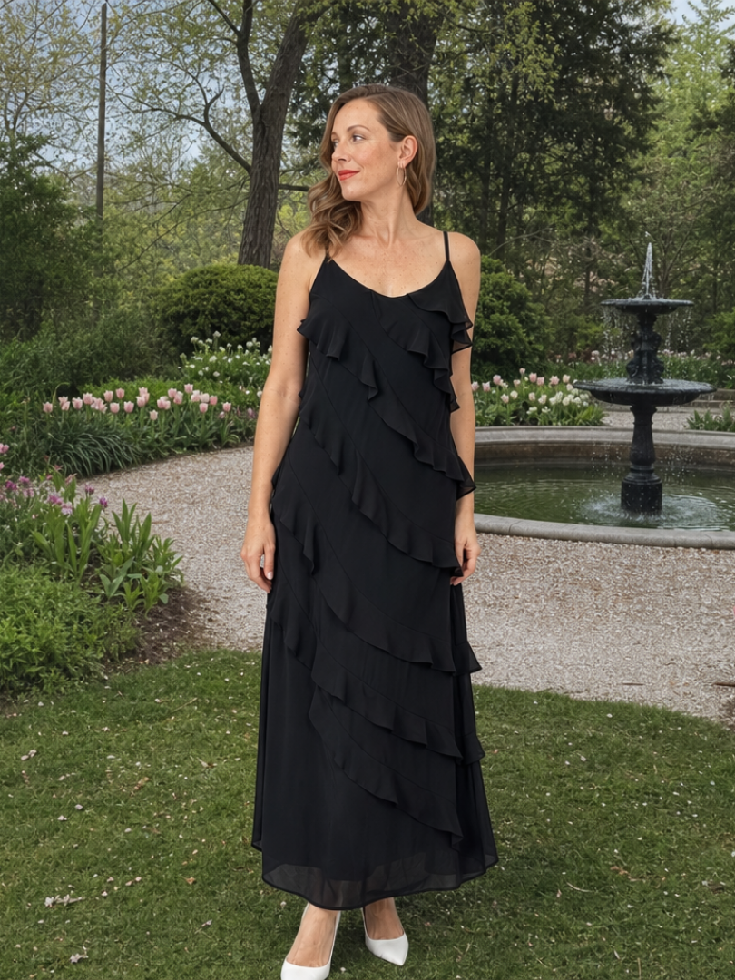 Aurore — Robe longue à volants étagés, coloris Rouge