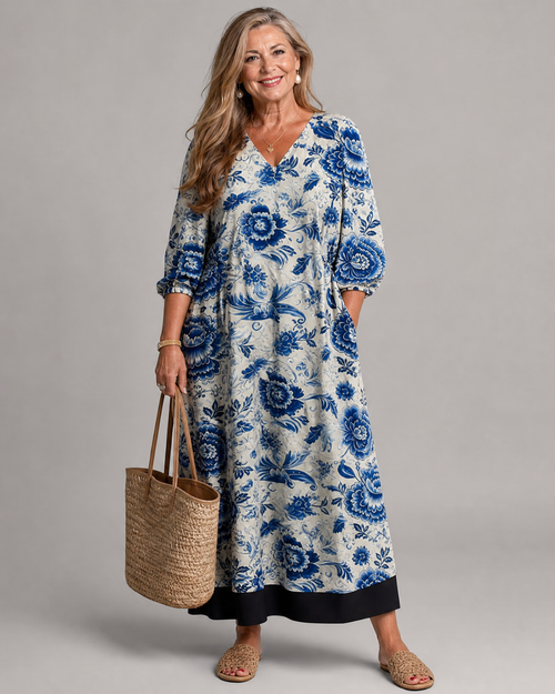 Maud — Robe longue à fleurs bleu porcelaine, coloris Bleu porcelaine
