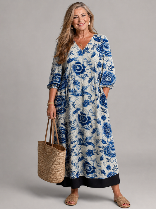 Maud — Robe longue à fleurs bleu porcelaine, coloris Bleu porcelaine