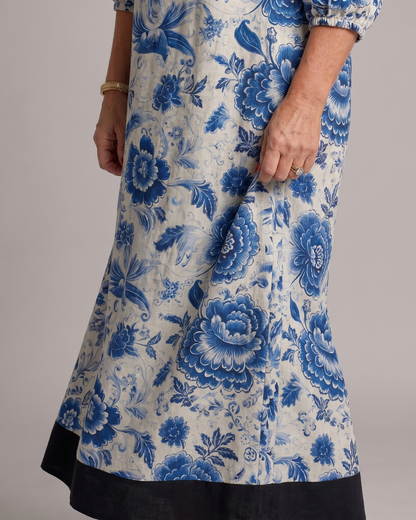 Maud — Robe longue à fleurs bleu porcelaine