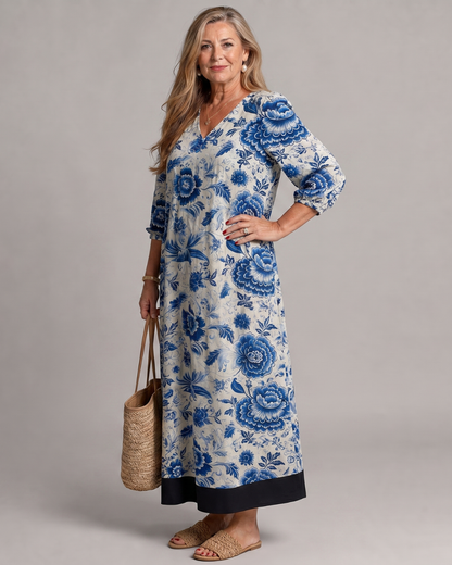 Maud — Robe longue à fleurs bleu porcelaine