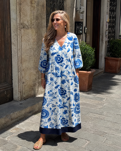 Maud — Robe longue à fleurs bleu porcelaine