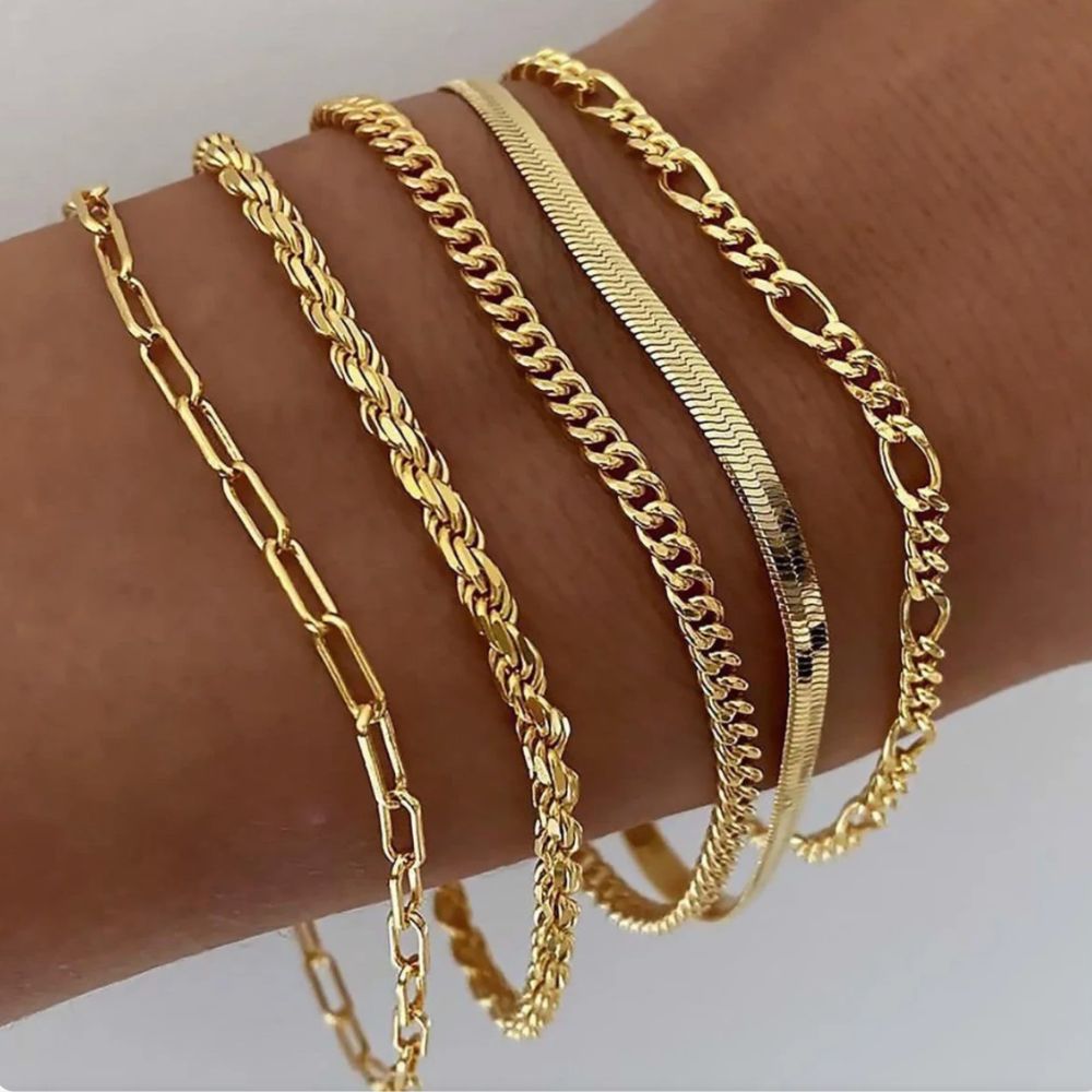 Élyse | Ensemble de cinq bracelets chaîne dorés – Vue 01