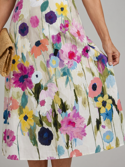 Paulette — Robe midi sans manches à fleurs peintes