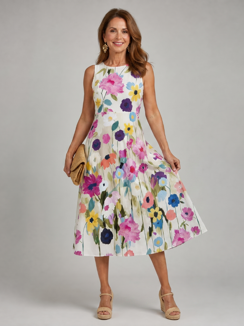 Paulette — Robe midi sans manches à fleurs peintes