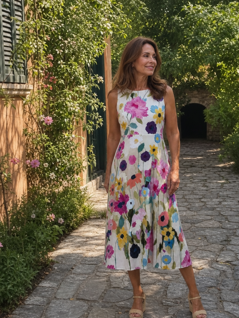 Paulette — Robe midi sans manches à fleurs peintes
