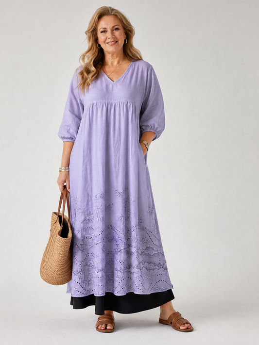 Huguette — Robe longue à ourlet brodé, coloris Lilas