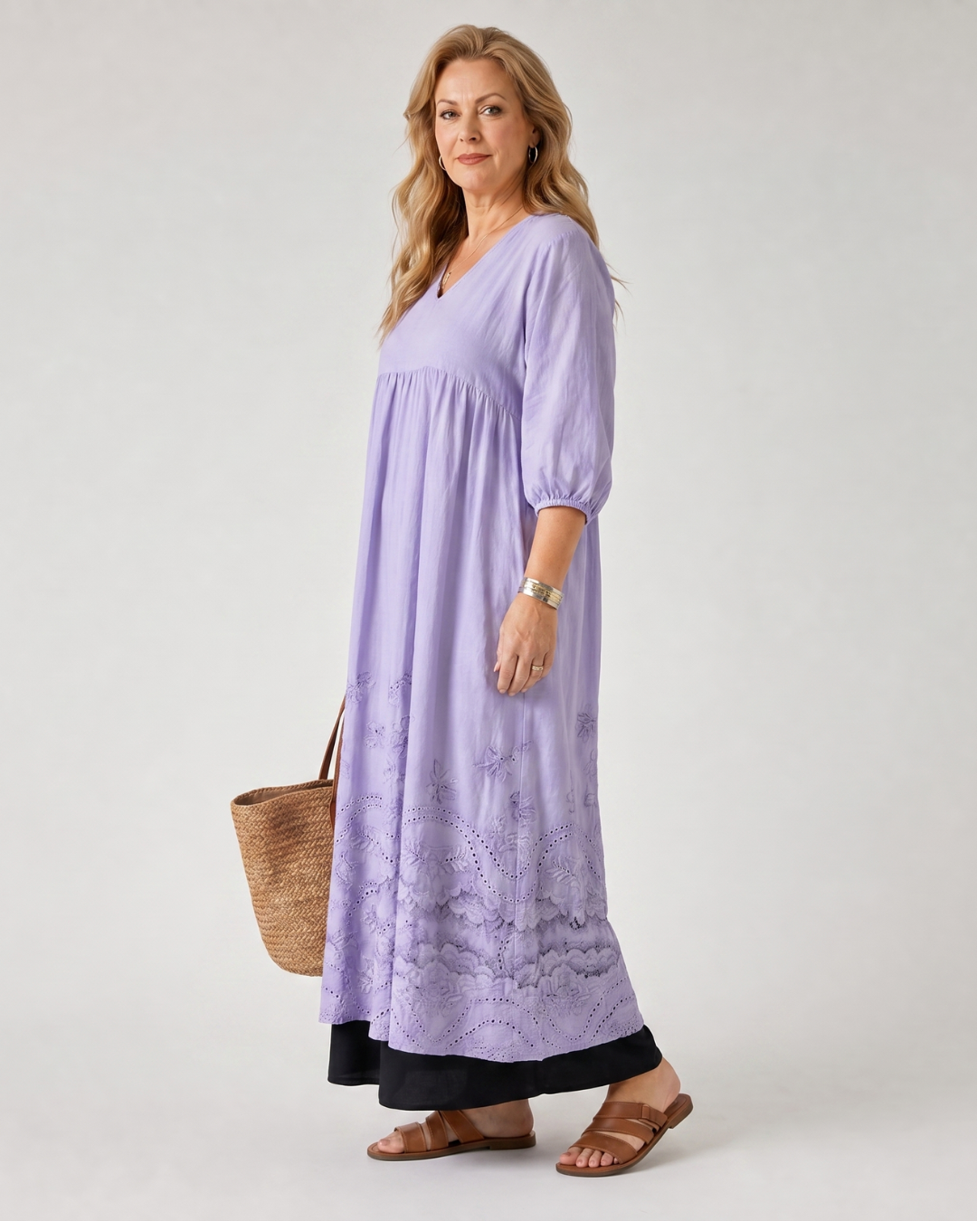 Huguette — Robe longue à ourlet brodé