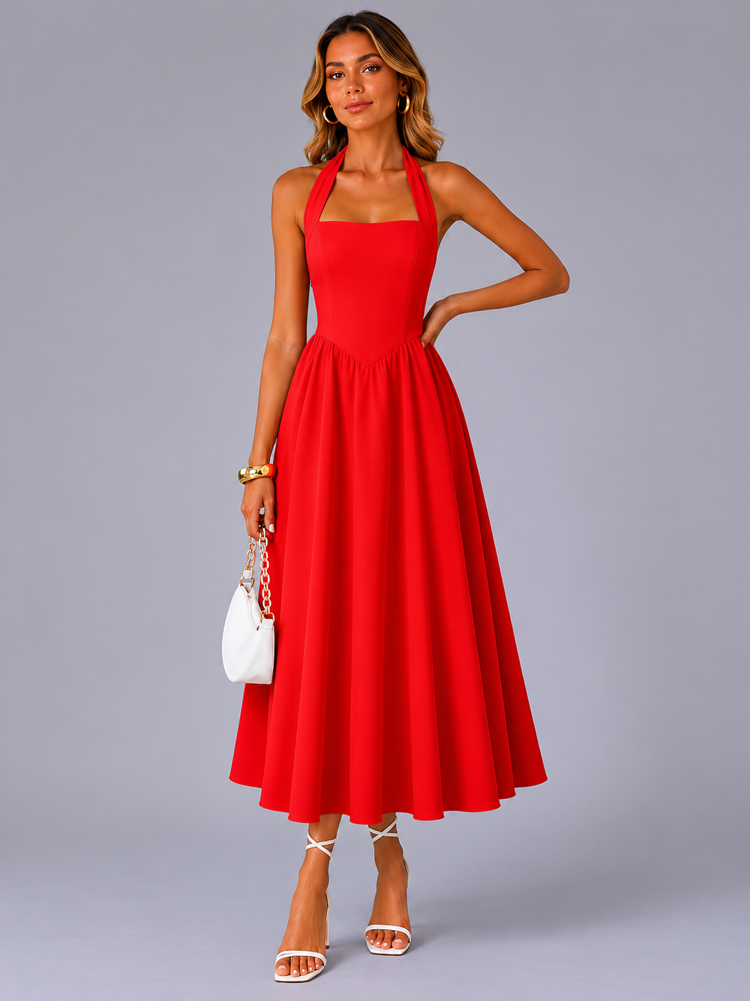 Célestine — Robe midi à col licou et jupe évasée, coloris Rouge
