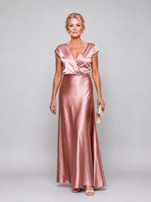 Firmine — Robe longue satinée cache-cœur, coloris Rose doré