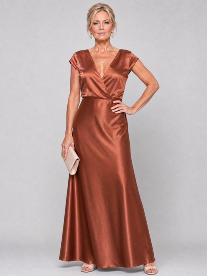 Firmine — Robe longue satinée cache-cœur, coloris Cuivre