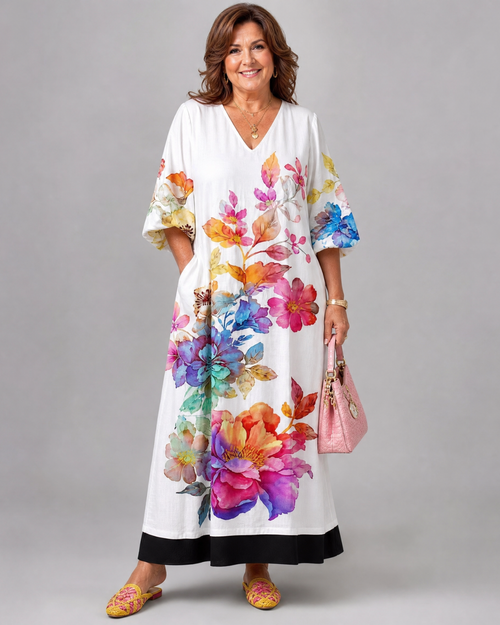 Jacinthe — Robe longue à fleurs aquarelle, coloris Blanc aquarelle
