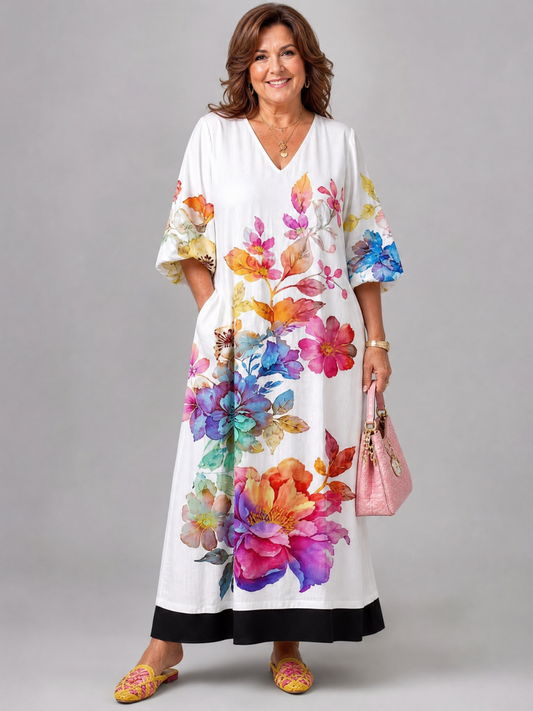 Jacinthe — Robe longue à fleurs aquarelle, coloris Blanc aquarelle