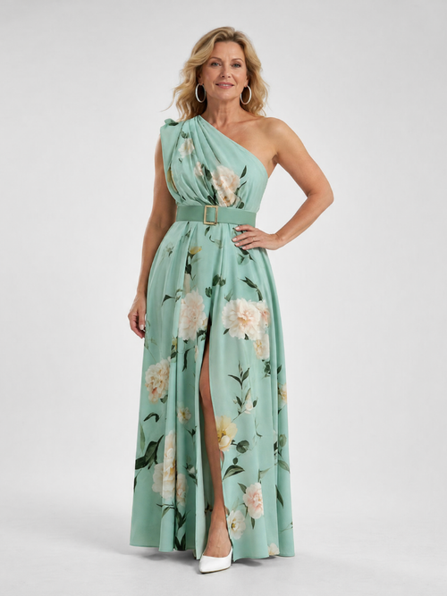 Antoinette — Robe longue asymétrique à ceinture, coloris Vert sauge fleuri
