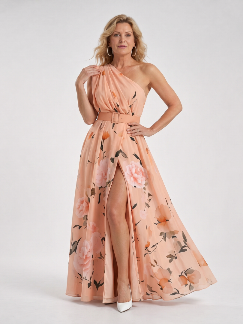 Antoinette — Robe longue asymétrique à ceinture, coloris Pêche fleuri