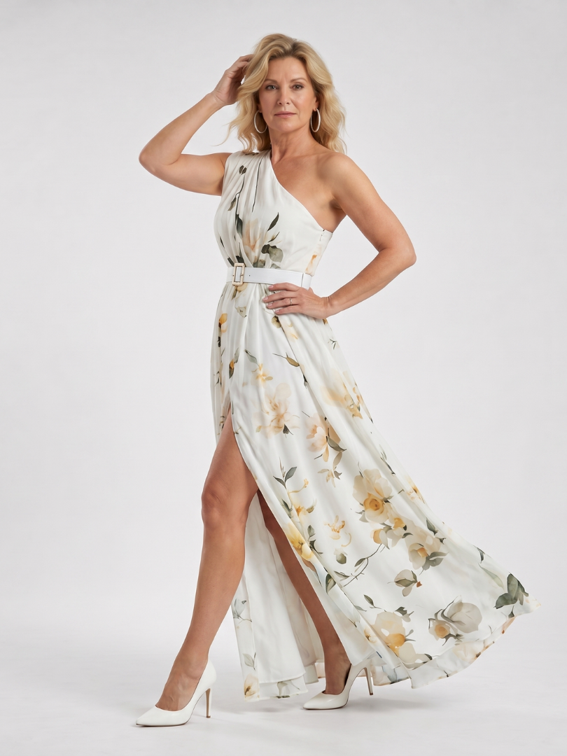 Antoinette — Robe longue asymétrique à ceinture, coloris Ivoire fleuri