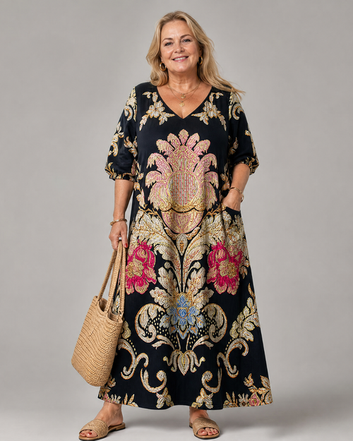 Valérie — Robe longue à médaillon vintage, coloris Noir et or