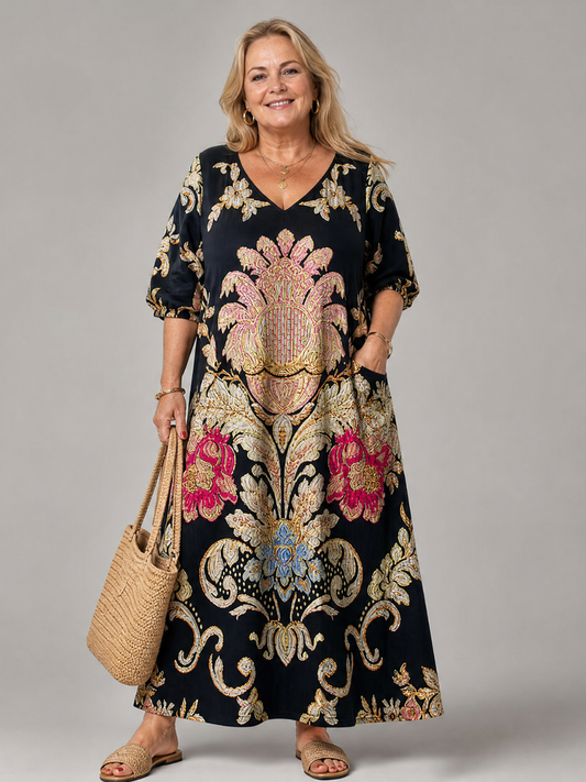Valérie — Robe longue à médaillon vintage, coloris Noir et or