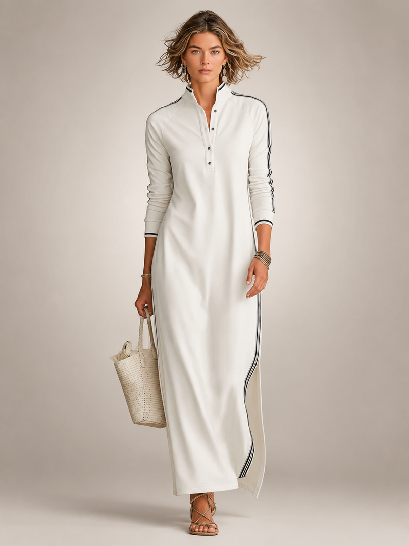 Bernadette — Robe longue col boutonné à galons, coloris Écru