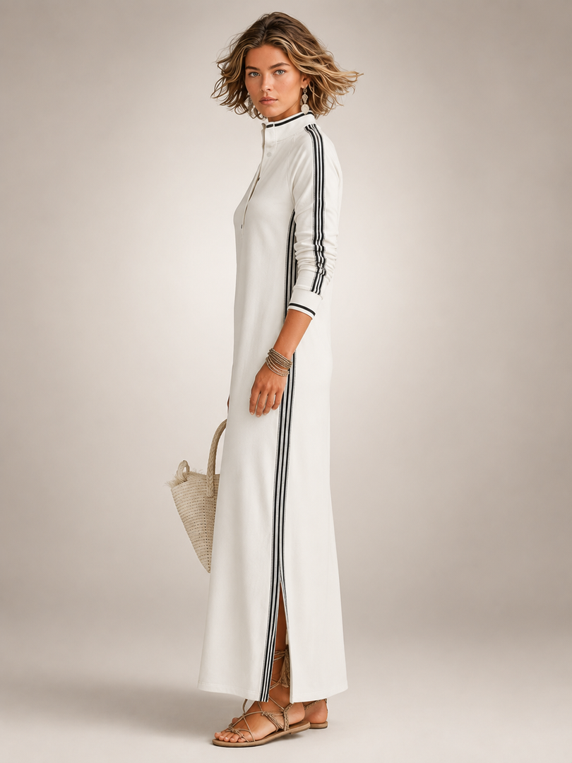 Bernadette — Robe longue col boutonné à galons