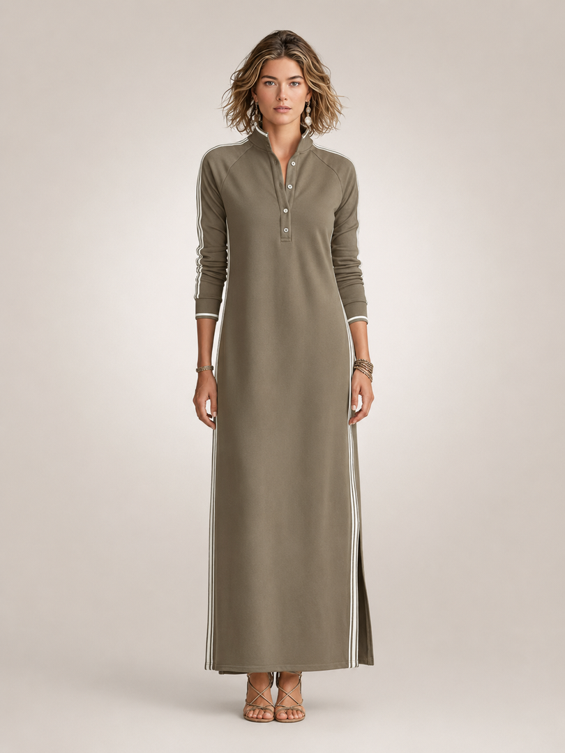 Bernadette — Robe longue col boutonné à galons, coloris Kaki