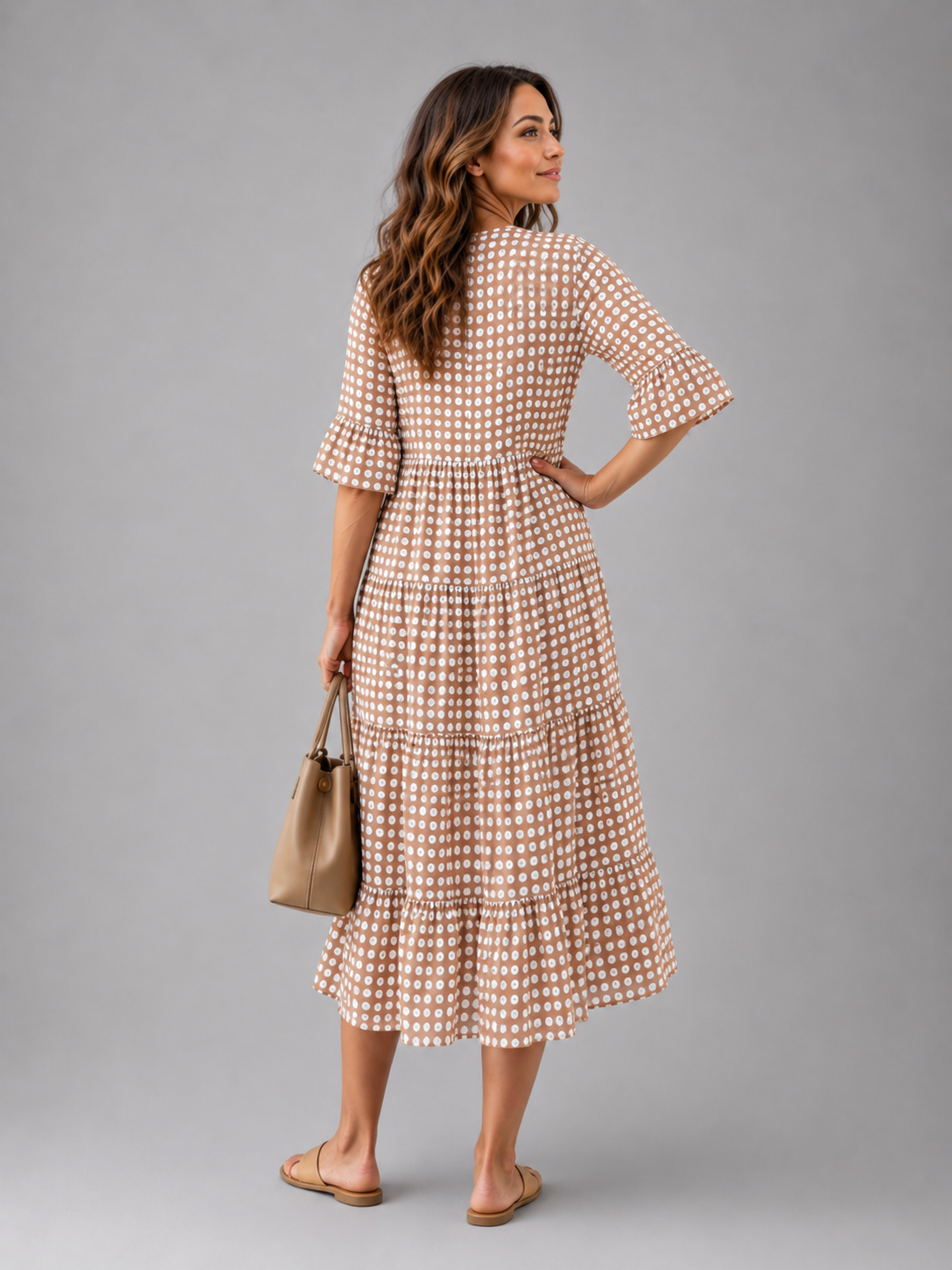 Marielle — Robe midi à pois et volants étagés