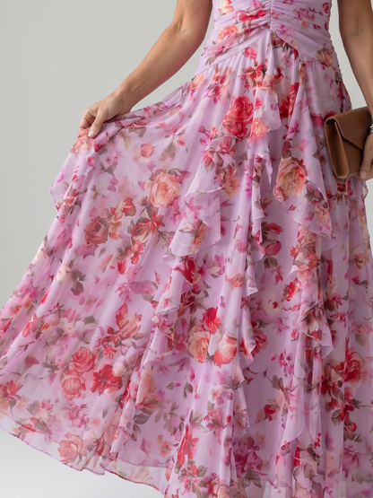Klara — Robe longue dos nu à volants en cascade