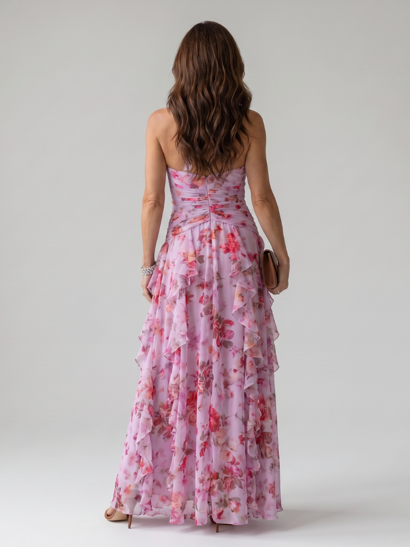 Klara — Robe longue dos nu à volants en cascade