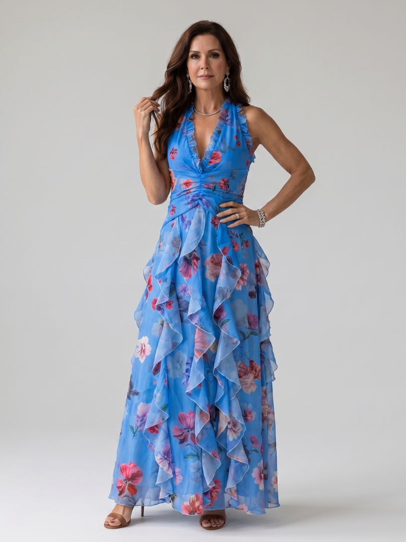 Klara — Robe longue dos nu à volants en cascade, coloris Bleu fleuri