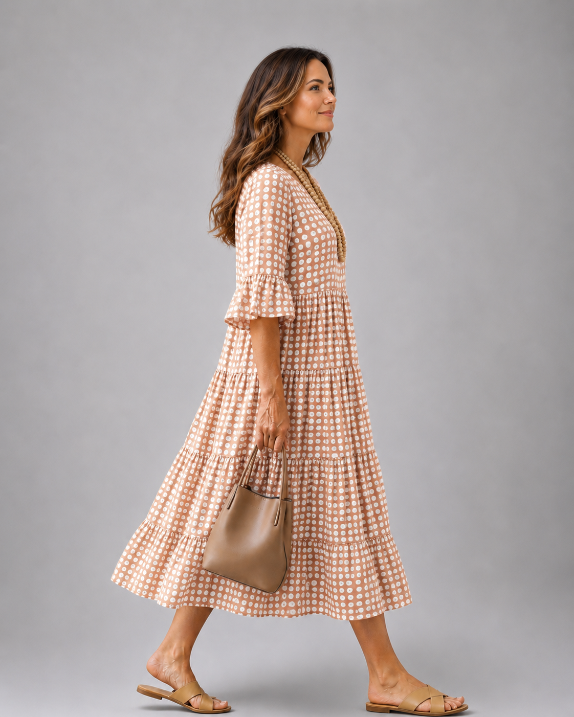 Marielle — Robe midi à pois et volants étagés