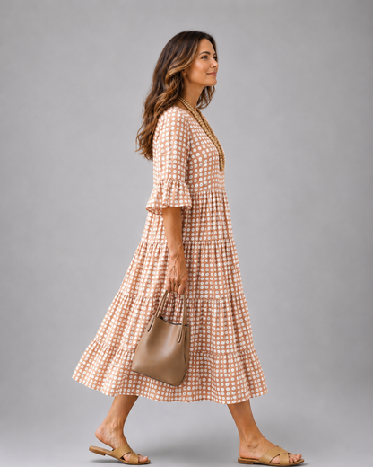 Marielle — Robe midi à pois et volants étagés