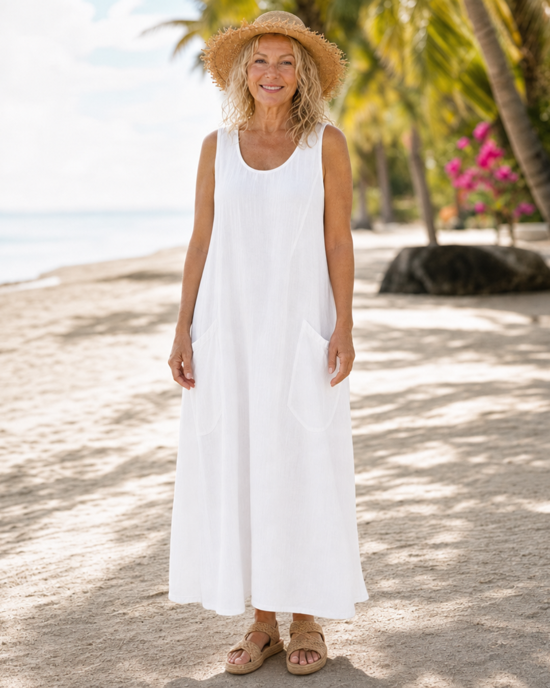 Marilou — Robe longue sans manches à poches, coloris Blanc