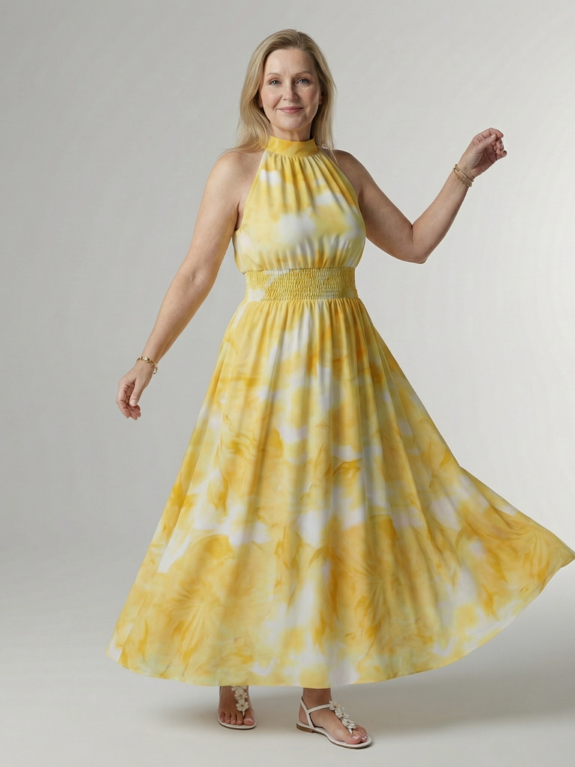 Nine — Robe longue dos nu à taille smockée large, coloris Jaune fleuri