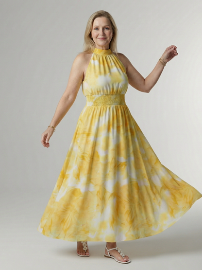 Nine — Robe longue dos nu à taille smockée large, coloris Jaune fleuri