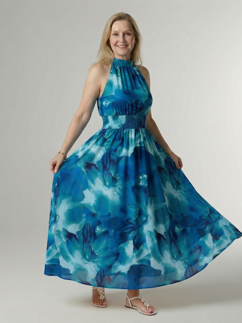 Nine — Robe longue dos nu à taille smockée large