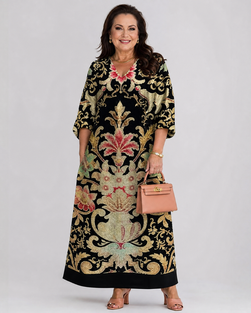 Odile — Robe longue à motif vintage doré, coloris Noir et or