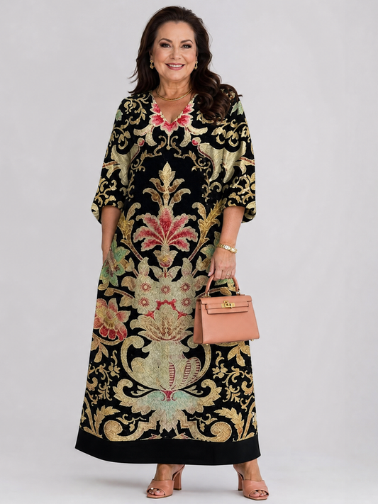 Odile — Robe longue à motif vintage doré, coloris Noir et or