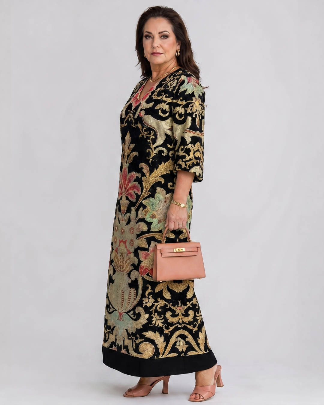 Odile — Robe longue à motif vintage doré