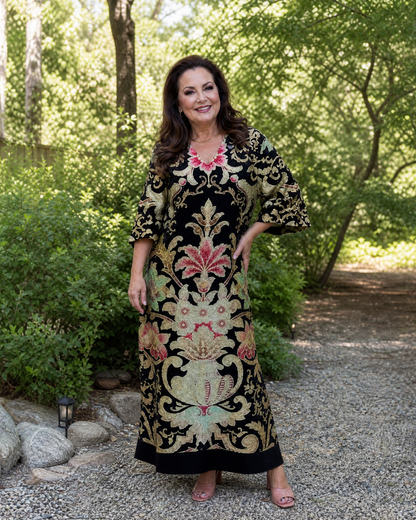 Odile — Robe longue à motif vintage doré
