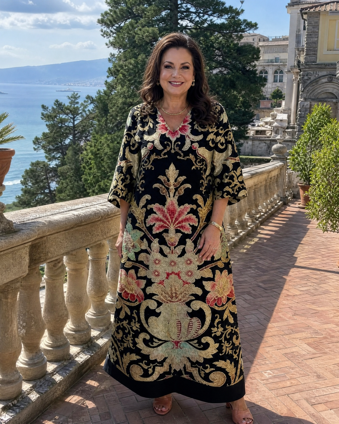 Odile — Robe longue à motif vintage doré
