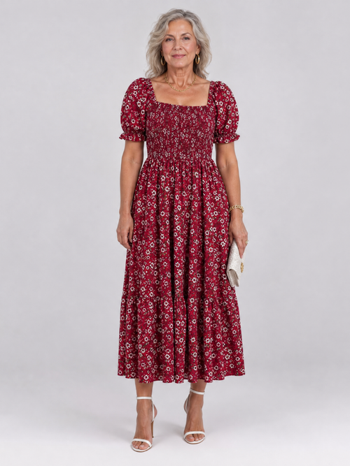 Philippine — Robe midi fleurie à bustier smocké, coloris Bordeaux