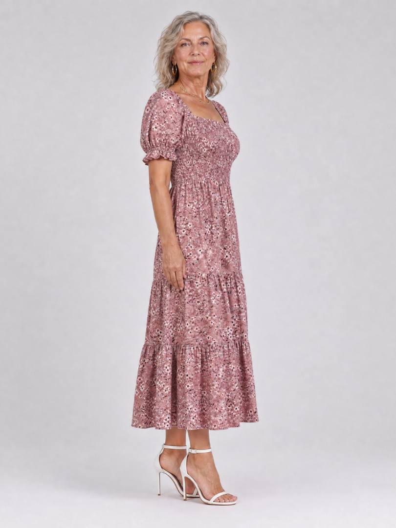 Philippine — Robe midi fleurie à bustier smocké