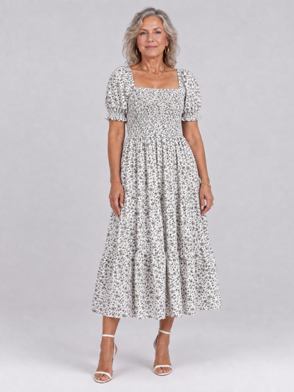 Philippine — Robe midi fleurie à bustier smocké, coloris Blanc