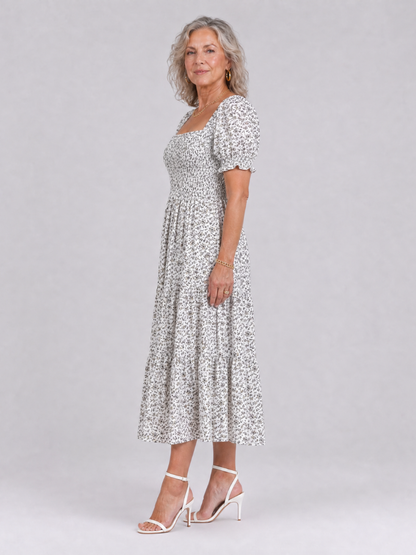 Philippine — Robe midi fleurie à bustier smocké