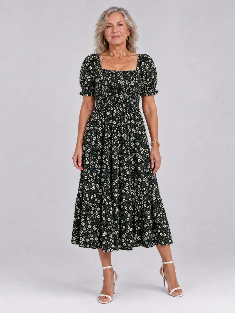 Philippine — Robe midi fleurie à bustier smocké, coloris Noir