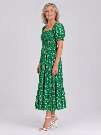 Philippine — Robe midi fleurie à bustier smocké