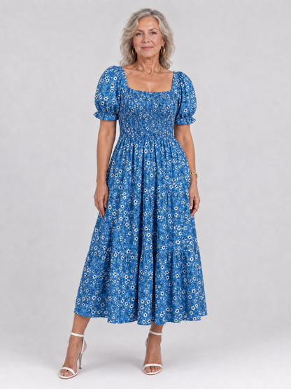 Philippine — Robe midi fleurie à bustier smocké, coloris Bleu