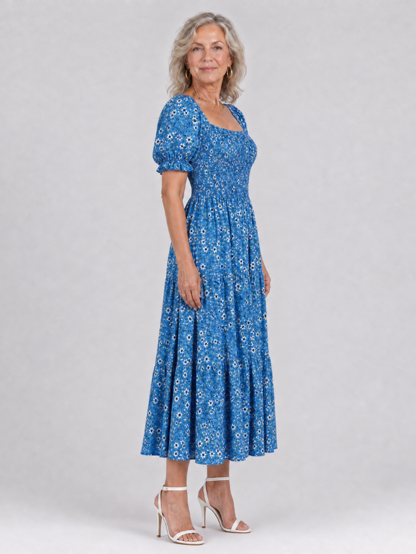 Philippine — Robe midi fleurie à bustier smocké