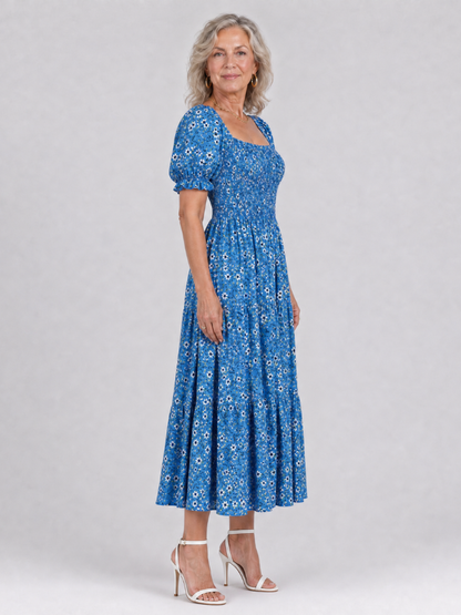 Philippine — Robe midi fleurie à bustier smocké