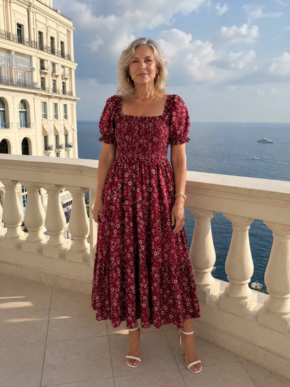 Philippine — Robe midi fleurie à bustier smocké